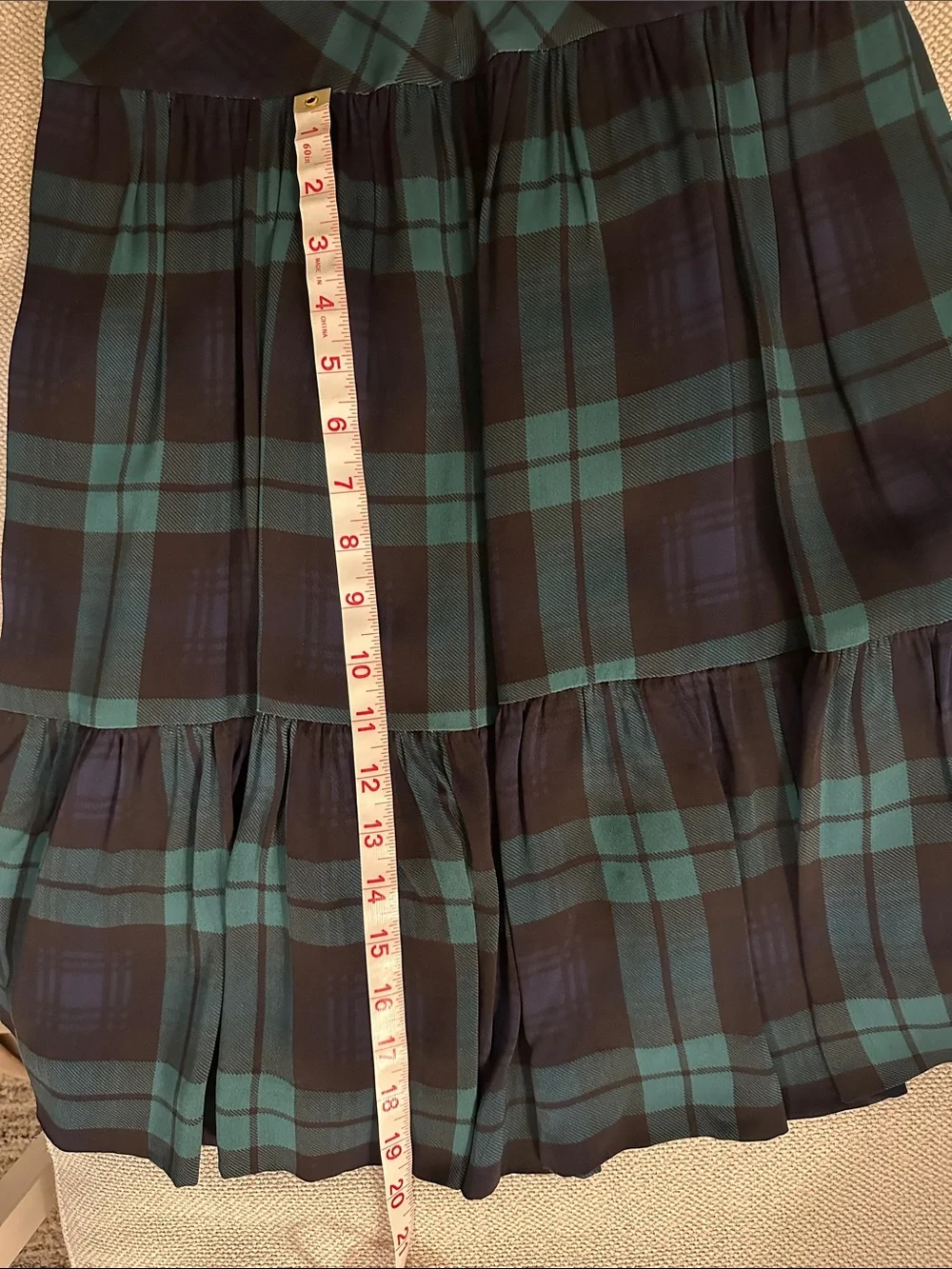 J. Crew Teal and Navy Plaid V-Neck Long Sleeve Tiered Dress